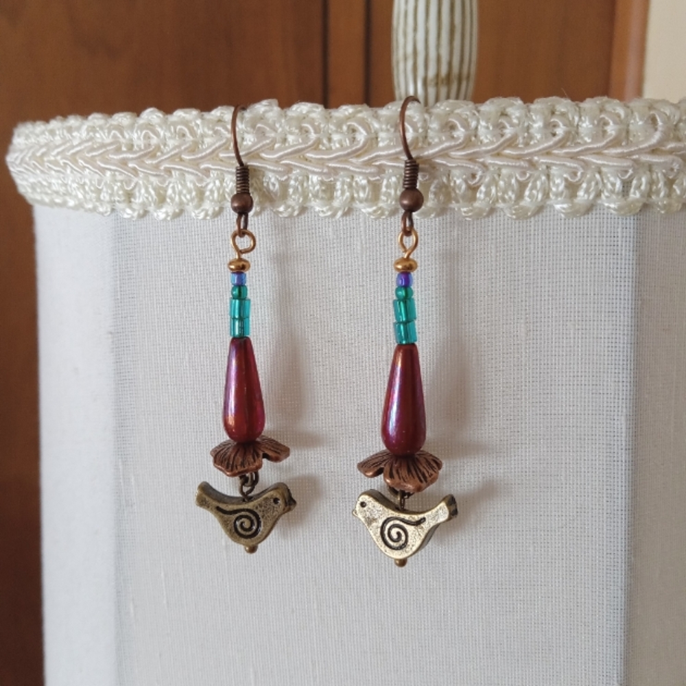 Folk Art Bird Natural Earrings Dangle Artisan Boho Oxidized Brass New Teardrop